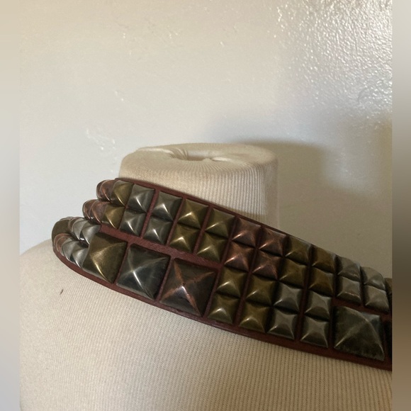 Rare vegan leather heavy metal wide width studded belt in brown, gold and gray